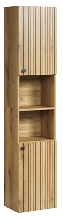 trendteam smart living - PureBliss - Hochschrank - Eiche - Badezimmerschrank in moderner Rillenoptik - edle Metallgriffe - (BxHxT) 40 x 186 x 31 cm - 2 praktische Einlegeböden - kratzfest