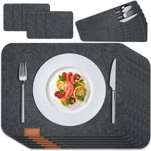 Tischset Platzset, 18er Tischset aus Filz Set, 6 Tischsets Platzsets Abwaschbar rutschfest Hitzebeständig Platzdeckchen mit 6 Untersetzer, 6 BestecksäCken für Küche Speisetisch, Anthrazit Eckige