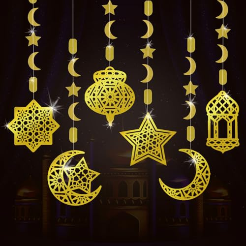 AhfuLife Eid Mubarak Girlande Dekoration, 6 Stück Eid Mubarak Deko Islamic Gold Stern Mond Ramadan Girlande Anhänger Ornament, Ramadan Mubarak Party Banner für Muslimische Aid Al Fitr Party Deko