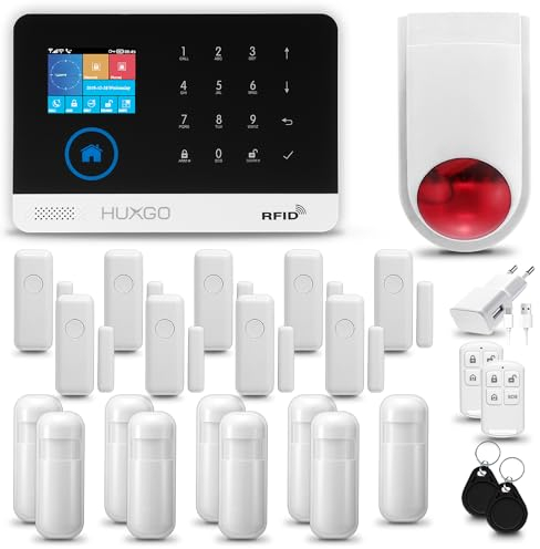 HUXGO® HXA003 Antifurto casa wireless WiFi + GSM 4G con radio sirena solare | Kit allarme casa senza fili: 9x rilevatori di movimento, 9x sensori di allarme per finestre/porte | Allarme Casa