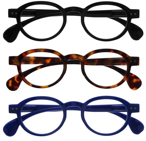 OPULIZE OCA Gafas de Lectura - Pack de 3 - Montura Moderna Retro Redonda - Negro, Marrón, Azul - Hombre Mujer - Bisagras de Muelle - RRR54-123 - +2.00