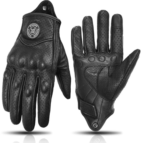 mjmoto svarta retro motorcykelläderhandskar – ventilerande pekskärms-helfingerhandskar för motorcyklister och förare – klassiska vintage motorcykelhandskar (svart, med hål, M)