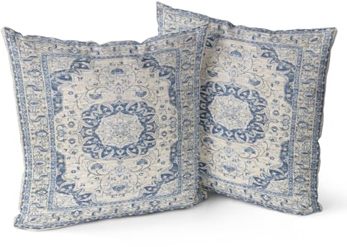 Snylcce Boho prydnadskuddöverdrag set med 2 – ljusblå antik och vintage design, dubbelsidigt mönster – mjuka kuddöverdrag för trädgårdssoffa, soffa, säng – dekorativa 50 x 50 cm örngott