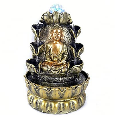 Fontaine d’Intérieur Fontaine de Cascade de Bureau avec Son d'eau Zen, Boule Feng Shui Porte-Bonheur, Statue de Bouddha en Or, Lotus, décoration de Maison paisible Fontaine de Table