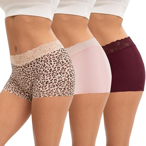 INNERSY Boxer Shorts Women Ladies Boxers Underwear Boyshorts Panties 3 Pack | Soft Cotton Boyshort Knickers, Mid Rise Pants, Delicate Lace Waistband, Tag-free Hipster, Under Dresses/Skirts, Daily Wear