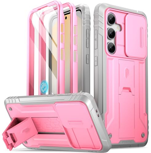Poetic Revolution Case for Galaxy S24 FE 5G 2024, [Slide Camera Cover], Built-in Screen Protector Work with Fingerprint ID, Full Body Military Grade Rugged Shockproof Cover Case with Kickstand, Pink