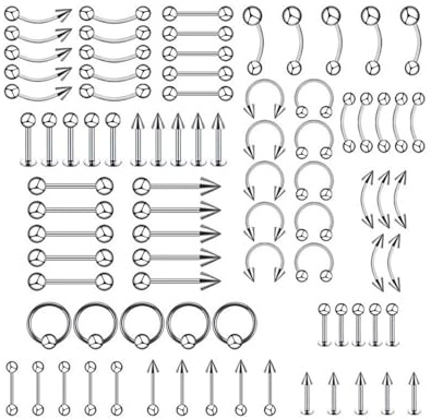 KGDUYC 85 Stück Piercingsringe, Septum-Piercing-Set, 16 g, professionell, aus Edelstahl, Labret, Ohr, Tragus, Nasenring, Körperschmuck, für Zunge, Augenbrauen, Bauch, Nase