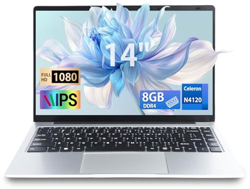 LONGEVINCE 14 Zoll Laptop, 8 GB RAM,DDR4,Ultrabook Laptop, 1920 x 1080 IPS, Celeron N4120 Lapt (bis zu 2,6 GHz), USB 3.0, Notebook mit Deutscher Tastaturfolie (Silber, 8GB+512G SSD)