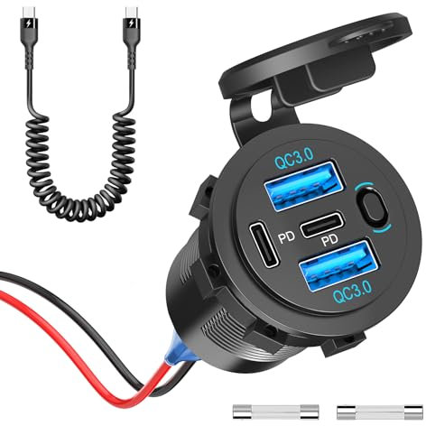 (4 Anschluss 90W) USB C PD Steckdose 12V Auto: Typ C Buchse Einbau Dose Wasserdicht 12 Volt DC Adapter KFZ Stecker mit Schalter Panel für iPhone Wohnmobil LKW Wohnwagen Motorrad Boot
