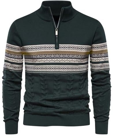 Genfien Herr kvartsdragkedja jumper stickad polotröja långärmad vinterpullover varm lätt pullover tröjor för män jultröja slim fit casual, gRÖN, S