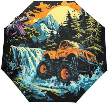 GAIREG Dino and Trucks Reise-Regenschirm, winddicht, automatisches Öffnen, Schließen, zusammenklappbar, kompakt, Regenschirme für Regen