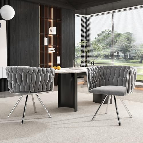 ModernLuxe Drehstuhl Samt Esszimmerstuhl 2er Set, Grau + Silber | Moderner Polsterstuhl, 360°-Funktion, Metallgestell, ergonomischer Stuhl, für Esszimmer, Wohnzimmer & Schlafzimmer