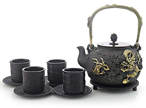 Service à thé traditionnel japonais en fonte avec théière et tasses en fonte Motif dragon doré