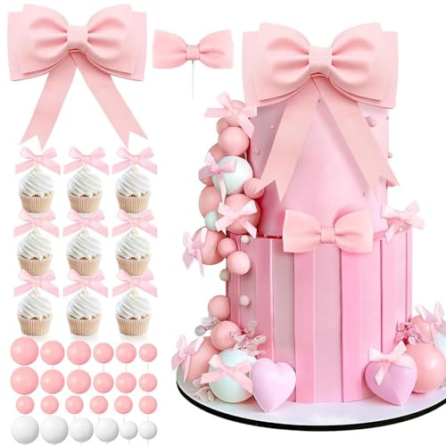 Wasise Bow Cake Topper - 36PCS Birthday Cake Toppers, Bow Cakes Topper with Ball Decorations, Bowknot Birthday Deccor, Bowknot Princess Cakes Decorations for Wedding Baby Showers Fairy Party Decor