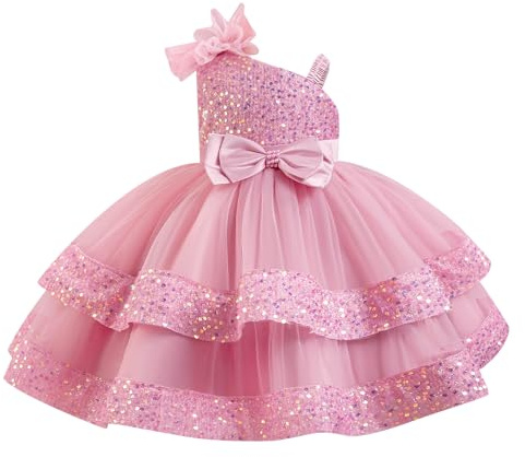 IDOPIP Enfant Fille Robe De Soirée Sequins Bowknots Tulle sans Manches Anniversaire Noeud Papillon Robe pour La Fête Rose 100cm
