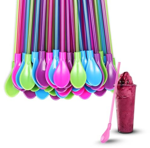 30Pcs Slushie Straws,Slush Straws with Scoop,2 in 1 Plastic Straws Reusable Colored Smoothie Slushie Straw with Spoon,Detachable Cocktail Stirring Straw Drinking, for Smoothies Milkshakes Hot Drinks