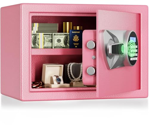 BlackSmith Home Biometric Safe 1.0 Cub Quick Access Fingerprint Lock Box With Keys Keypad Wall Mount Cabinet Safe Secure Money Jewelry with Fireproof Bag Mute Mode LED Light, Pink