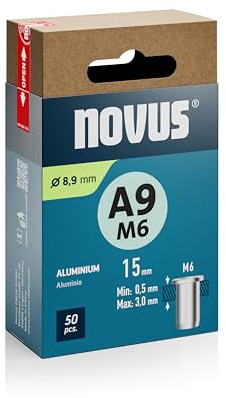 NOVUS TOOLS Dadi per rivetti ciechi in alluminio, diametro 8,9 mm, filettatura M6, lunghezza 15 mm, 50 dadi rivetti, lunghezza morsetto 0,5 – 3,0 mm, ideale per fissaggio in metallo, plastica e