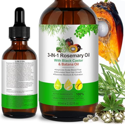 Olio Batana, Essenziale Di Rosmarino E Di Ricino Nero 60ml, 3 in 1olio Naturale Crescita Capelli, Stimolano la Crescita dei Capelli, Rinforzante Nutre il Cuoio Capelluto Secco Infoltisce Ciglia