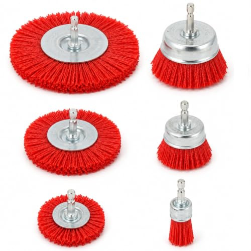 6-teiliges Nylonbürste Bohrmaschine-Drahtbürsten Set | Nylonbürste für Schleifbürsten Aufsatz zum Entrosten, Entlacken, Reinigen von Metall, Holz, Stein – Rund- & Topfbürsten