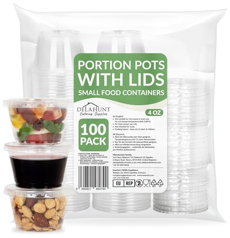 4oz (120ml) Small Disposable Plastic Portion Pots with Lids [100 Pack] - Clear Round Leakproof Deli Pot Containers for Sauce, Dips, Jelly Shots, Jello, Salad Dressing, Snack, Meal Prep & Takeaway Use
