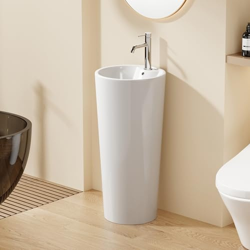 DILECI – Lavabo Totem Rond Design Épuré Blanc – Lavabo sur Pied en Céramique Brillante – Compact et Moderne – Idéal Salles de Bain Contemporaines, WC et Espaces Publics – Installation Facile