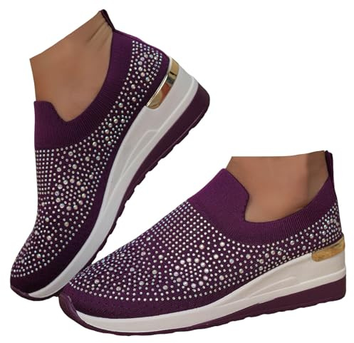 Xbemkste Damslip-on-sneakers med kilklack, bekväma slip-on skor med strass, glitter, fritidsskor, ventilerande damskor, lediga promenadskor