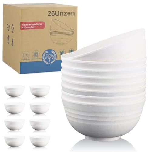 Wrova Unzerbrechliche Schüsseln 8er-Set – Plastikschüsseln, wiederverwendbare Abendessenschüssel, 750 ml, Ramen-Schüssel-Set, mikrowellengeeignete Schüssel für die Küche–Weiß