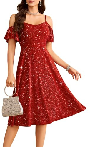 Meetjen Formal Cocktail Dress for Women Swing Off The Shoulder Fancy Sequin A-line Short Sleeve Vintage Prom Evening Dresses 2026 Spring Graduation Red M