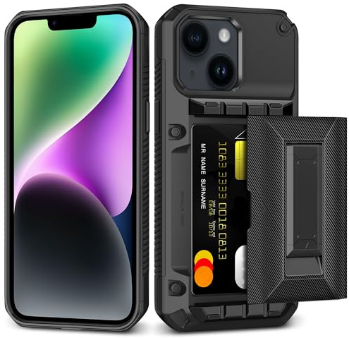 für iPhone 14 Hülle mit Kartenhalter [Max. 4 Karten] Ständer & militärtauglichem Schutz Robuste, stoßfeste Hülle mit verstecktem Kartenfach für Handyhülle iPhone 14 Frauen und Männer 6,1 Zoll, Schwarz