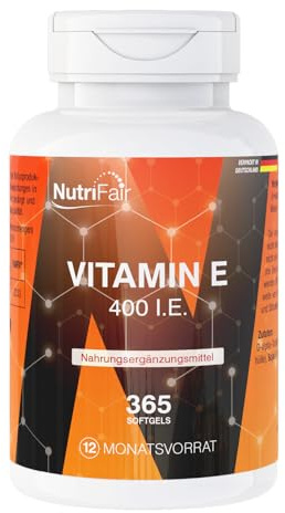 Vitamin E 400 I.E. – 365 softgels med 268mg vitamin E vardera – Hög dosering – D-alfa-tokoferylacetat – Tysk tillverkning och laboratorietestning – NutriFair | Premium & Fair