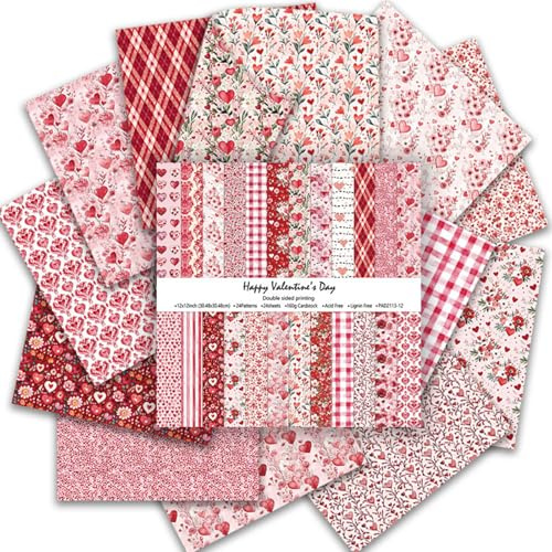 24 Blatt Scrapbook Papier Doppelseitiges Blumen Muster Bastelpapier (Rosa) | 30.5 x 30.5 cm, 24 Designs Motivpapier, Scrapbooking Papier für Valentinstag, Origami, DIY Fotoalbum Geschenk Dekoration
