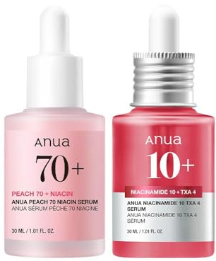 Anua Pink Serum Duo for Korean Glass Skin | 10% Niacinamide & 4% Tranexamic Acid Serum, Peach 70 Niacinamide Serum, Skin Barrier, Fragrance-Free, Korean Skincare