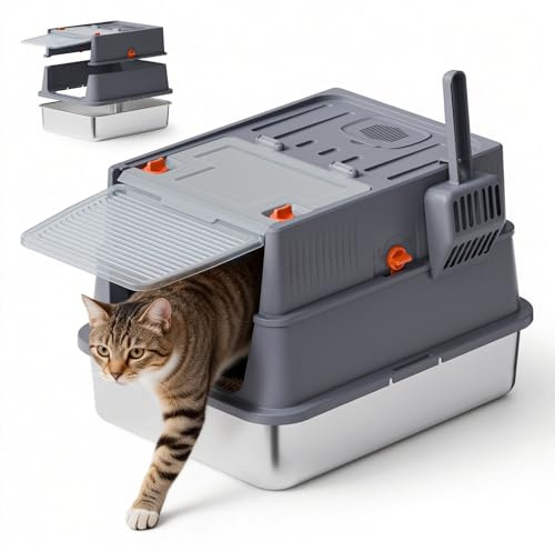 Bsadne Caja de arena para gatos de acero inoxidable con tapa, pequeña caja de arena cerrada cubierta con lados altos para recién nacidos y gatitos jóvenes, tapa abatible fácil de limpiar, ideal para