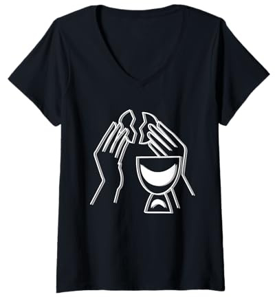 Mujer Partir el Pan Eucaristía Iglesia Cristiana Comunión Camiseta Cuello V
