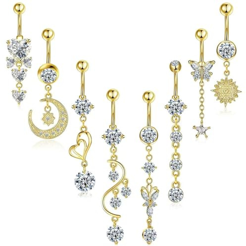 JSTHHTT 8 Piercing Nombril Percing Au Nombril, Piercing Nombril Or, Piercing nNombril Acier Chirurgical, Coeur Papillon Anneau De Nombril Bijoux De pPiercing Au Ventre Pour Femme