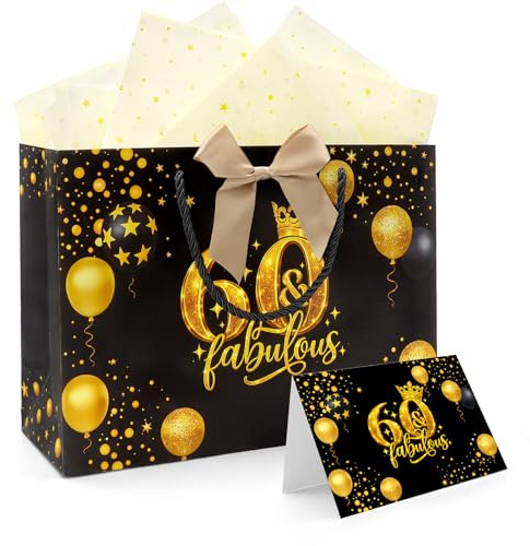 WALLFID Geschenktüte 60. Geburtstag Schwarz Gold, elegante Geschenkverpackung mit Grußkarte, 2 x Seidenpapier 50 x 70 cm und Schleifenband, für Mama, Papa, Oma, Opa und Ehrentag
