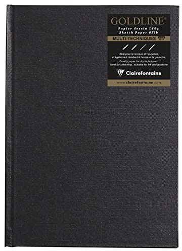 Clairefontaine 34245C Carnet Cousu Goldline - 64 Feuilles Papier Dessin Blanc - A5 14,8x21 cm 140g - Format Portrait - Couverture Rigide Noire Imitation Toile