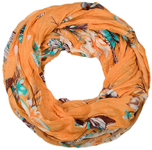 styleBREAKER Écharpe tube pour femmes avec imprimé coloré de papillons et de fleurs, écharpe froissée et plissée, foulard 01016013, couleur:Orange