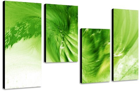 Schafft ein perfektes Wohlfühlklima grüner Wandbild Kunstdruck 130x70cm 4 teiliges abstraktes Keilrahmenbild (30x70+30x50+30x50+30x70cm) Kunstdruck als abstraktes Wandbild mehrteilig Gemälde-Stil handgemalte Optik Vintage