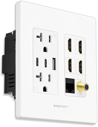BASEPORT Premium Media Wall Outlet | Dual 6.3A USB-A 2.0 Ports - 1 USB-C 3.0 Port - 4 HDMI - Cat6 Ethernet - 20A Dual Power Outlet - Coax Cable - White Face Plate