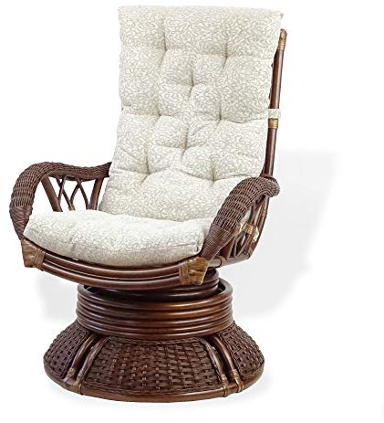 SunBear Furniture Rattan Wicker Natural ECO Handmade Design Alexa Swivel Rocking Armchair Dark Walnut Color with Cushion