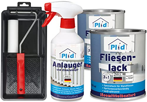 Plid® Fliesenfarbe Badezimmer & Küche [FEUCHTIGKEITSBESTÄNDIG] Fliesenlack Weiß Gläzend 1,5l fürs Bad - Fliesen neu streichen & lackieren im Innenbereich - 3in1 Fliesen Farbe Lack - Set