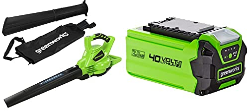 Greenworks GD40BV Aspiratore Soffiatore a Batteria per Foglie, con Motore Brushless, 280km/h, 9,63m³/min, Sacco di Raccolta da 45L & Greenworks Batteria G40B2 sistema di ricarica rapida