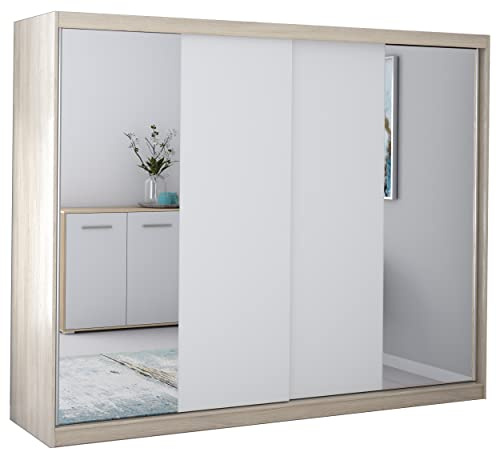 Fabryka Mebli Idźczak Kleiderschrank mit Spiegel, Wohnzimmerschrank - Weiß, Sonoma Schwebetürenschrank, Schlafzimmerschrank - ‎61 x 233 x 218 cm - Schrank für Schlafzimmer, Wohnzimmer, Garderobe