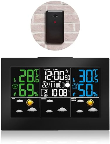 FISHTEC - Station météo avec écran LCD 16,7x9,4 cm en couleurs, capteur extérieur sans fil, température -30°C à +60°C, humidité, pression, phases de lune, alarmes programmables, snooze,