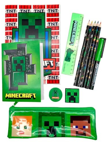 Minecraft brevpapper set med fodral - komplett skolmaterial - 2 anteckningsböcker, färgpennor, suddgummi, pennvässare och linjal - karaktärsdesign och creeper, Flerfärgad, Mediano, Minecraft