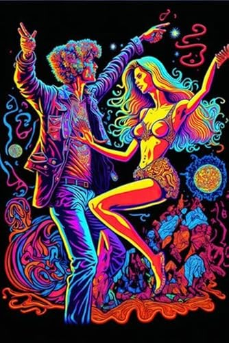 adrium Acryl-Bild 50 x 80 cm: Hippies paar tanzen in Neonfarben. Tanzende Menschen auf der Hippie-Party. Die Leute nehmen LSD und Magic Mushrooms. Generative (196507713)