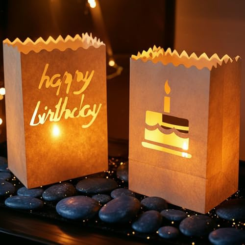 Lichtertüten Papierlaterne 20er Set - 16 x 11 x 8,5cm - birthday weiß - Wiederverwendbar Lichttüten - Tischdeko Geburtstag Candle Bags für Birthday Party - Teelichter LED Kerzen Kerzentüten
