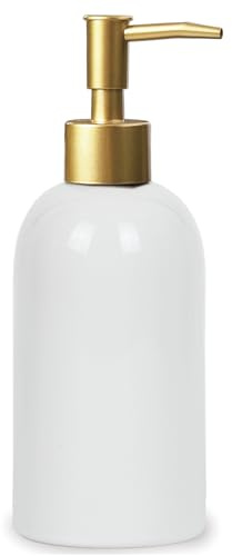 Distributeur de Savon en céramique Blanc avec Pompe dorée, Design Simple, Distributeur de Lotion cylindrique, Distributeur de Savon Liquide Rechargeable pour la Cuisine, la Salle de Bain, Les